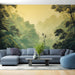 Papier peint forêt tropicale avec paysage luxuriant aux nuances douces et brumeuses pour salon moderne.