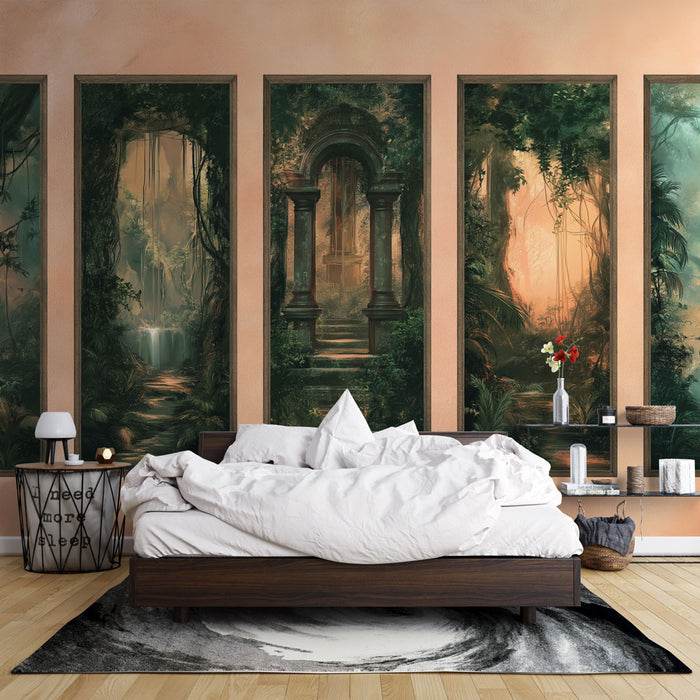 Papier peint forêt tropicale | Paysages enchanteurs avec ruines et lumière douce