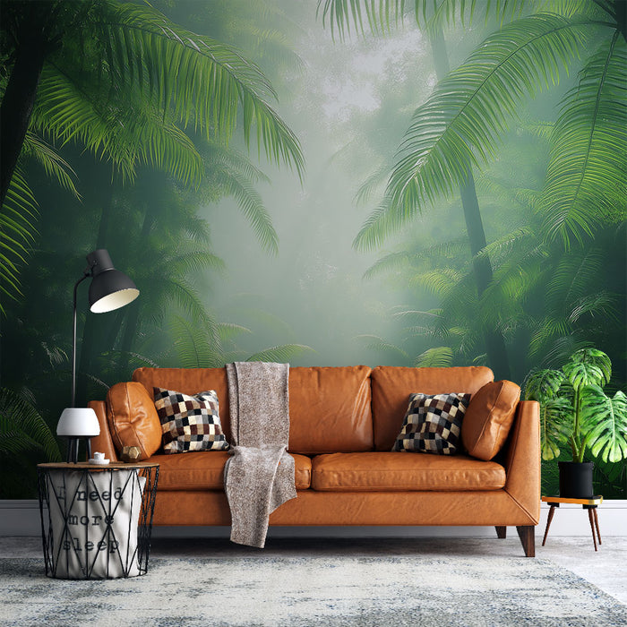 Papier peint forêt tropicale avec plantes luxuriantes et lumière douce pour salon moderne