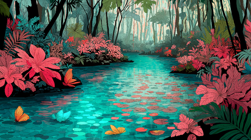 Papier peint forêt tropicale Rivière turquoise entourée de plantes vibrantes et papillons colorés