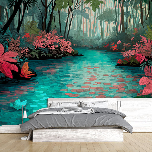 Une chambre moderne avec un papier peint tropical représentant un paysage aquatique vibrant, mêlant des teintes turquoise et des fleurs roses, créant une atmosphère apaisante et exotique.