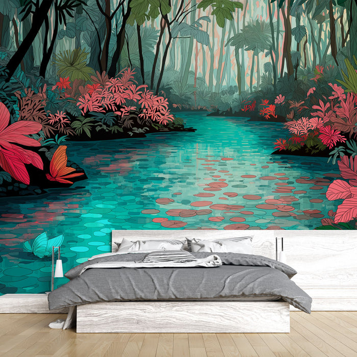 Une chambre moderne avec un papier peint tropical représentant un paysage aquatique vibrant, mêlant des teintes turquoise et des fleurs roses, créant une atmosphère apaisante et exotique.