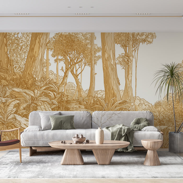 Un salon moderne avec un papier peint illustrant une forêt stylisée en nuances de beige, créant une ambiance naturelle et apaisante.