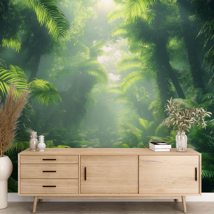 Papier peint forêt tropicale avec sentier verdoyant pour salon apaisant et nature luxuriante.