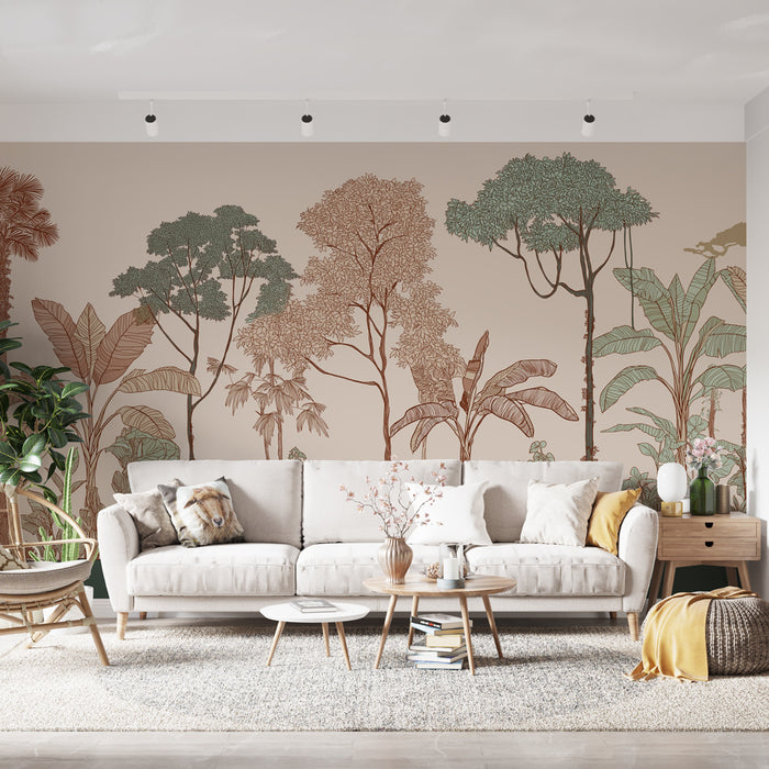 Un salon lumineux avec un papier peint représentant des arbres et des feuillages stylisés dans des teintes douces de vert et de brun sur fond beige, créant une atmosphère naturelle et apaisante.