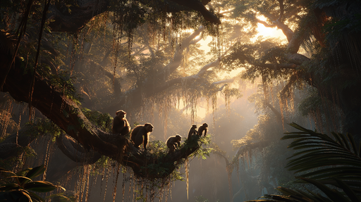 Papier peint forêt tropicale Singes sur une branche dans un paysage lumineux et luxuriant