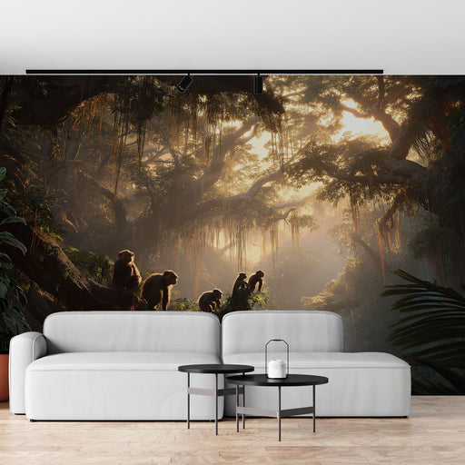 Une salle de séjour moderne avec un papier peint représentant une scène forestière mystique, où des singes évoluent dans une lumière dorée, créant une atmosphère sauvage et apaisante.