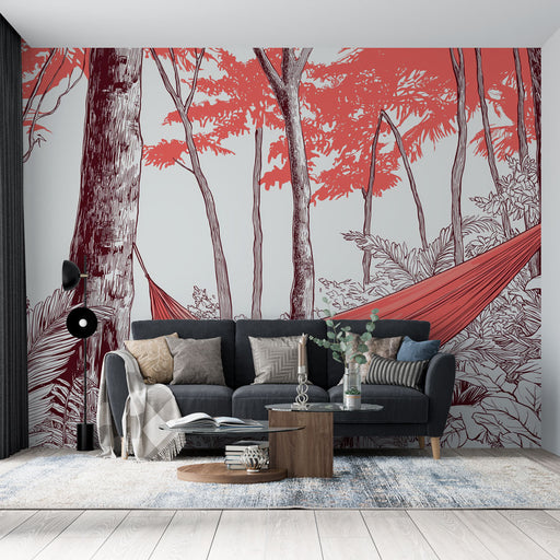 Un salon moderne avec un papier peint illustrant une forêt stylisée aux teintes rouges et grises, créant une atmosphère apaisante et naturelle.