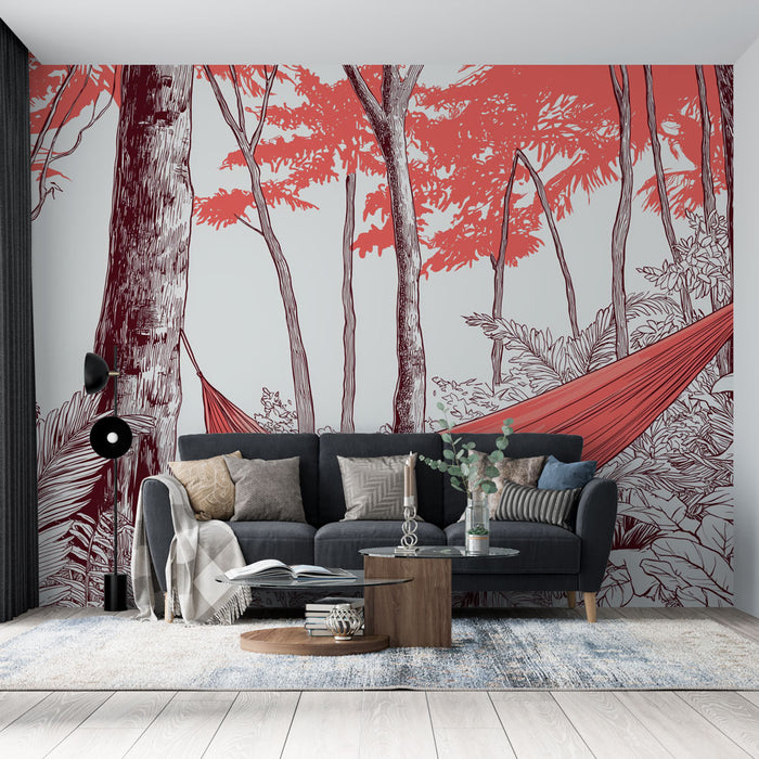 Un salon moderne avec un papier peint illustrant une forêt stylisée aux teintes rouges et grises, créant une atmosphère apaisante et naturelle.