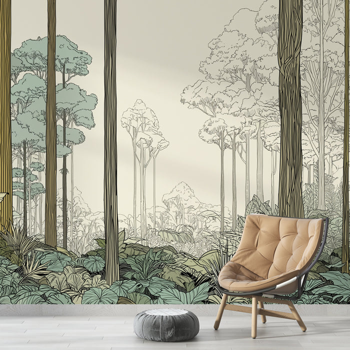 Une salle de séjour moderne avec un papier peint illustrant une forêt stylisée aux teintes douces, créant une atmosphère apaisante et naturelle.