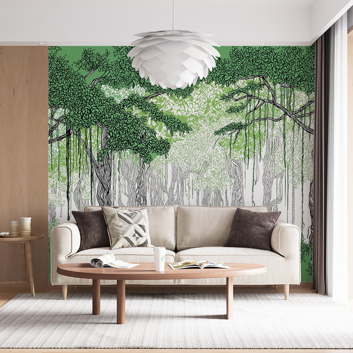 Papier peint forêt tropicale | Un paysage luxuriant de grands arbres et feuillages détaillés