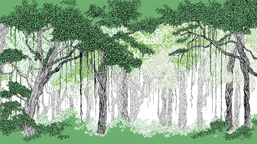 Papier peint forêt tropicale Un paysage luxuriant de grands arbres et feuillages détaillés