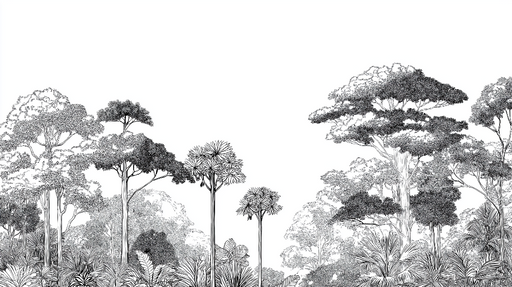 Papier peint forêt tropicale Un paysage luxuriant en noir et blanc avec des arbres élégants