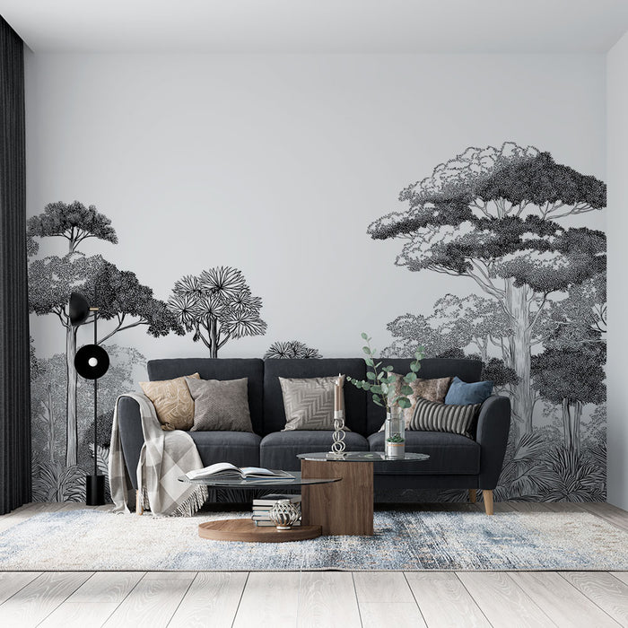 Papier peint forêt tropicale | Un paysage luxuriant en noir et blanc avec des arbres élégants