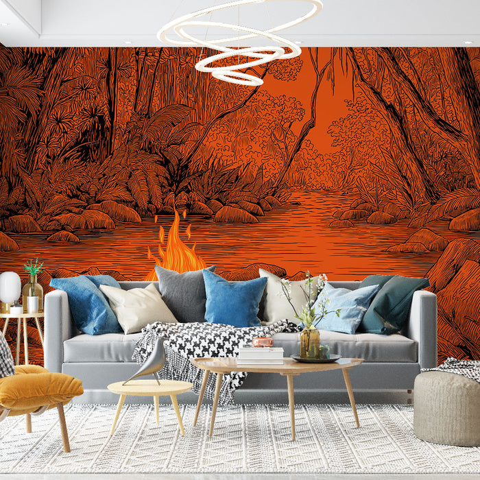 Un salon contemporain avec un papier peint représentant une jungle stylisée sur fond orange, évoquant une ambiance chaleureuse et audacieuse.