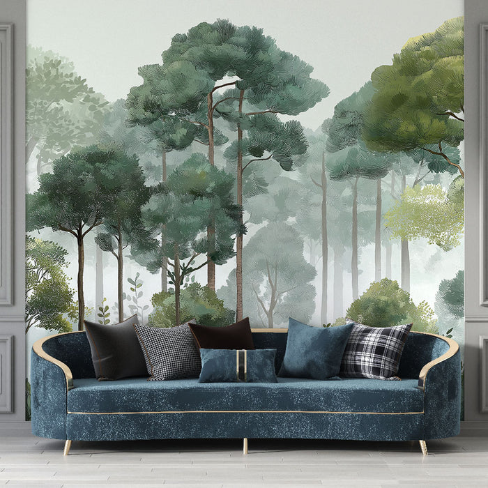 Un salon élégant avec un papier peint représentant une forêt dense, aux nuances de vert apaisantes et aux motifs naturels évoquant la sérénité.