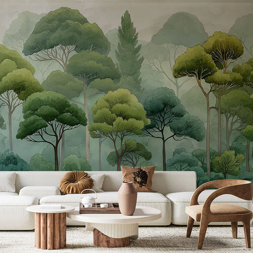 Un salon moderne avec un papier peint représentant une forêt verdoyante aux nuances de vert, créant une ambiance apaisante et naturelle.