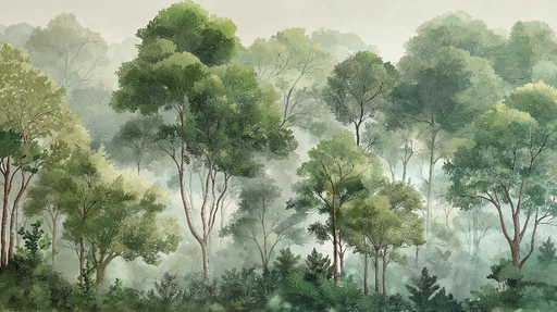 Papier peint forêt verdoyante Arbres majestueux et feuillage luxuriant en tons de vert