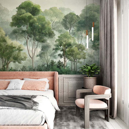 Une chambre apaisante avec un papier peint représentant une forêt verdoyante, créant une atmosphère naturelle et relaxante.