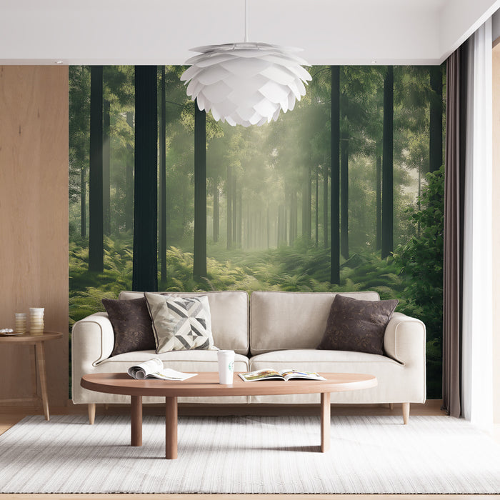 Papier peint forêt verdoyante avec sous-bois lumineux, fougères et arbres majestueux pour salon nature.