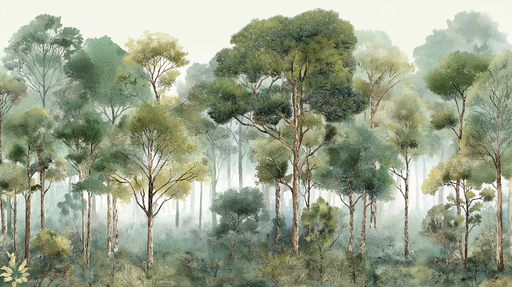 Papier peint forêt verdoyante Une scène apaisante de grands arbres et de brouillard délicat