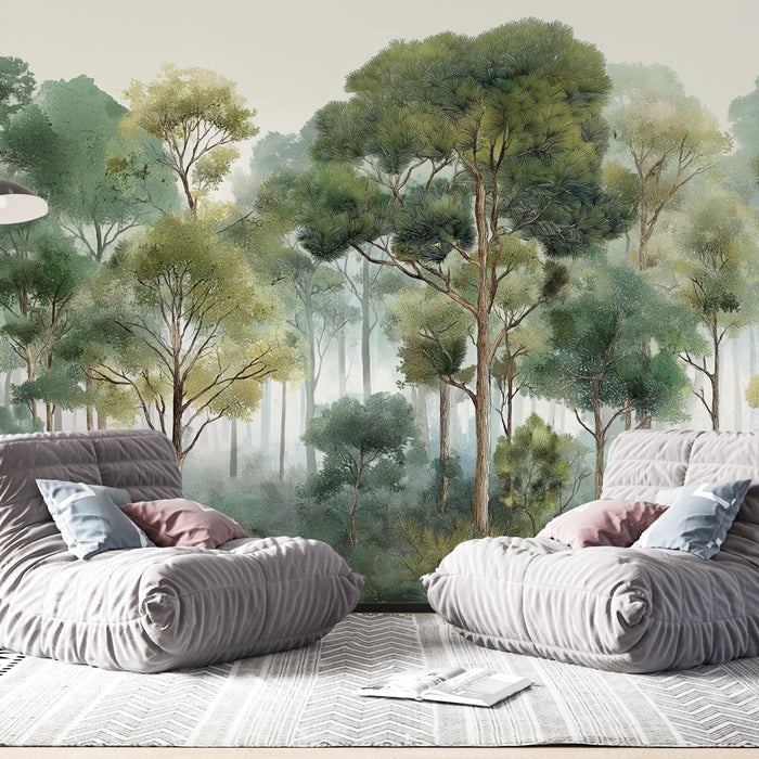 Une pièce moderne avec un papier peint représentant une forêt dense aux nuances de vert, créant une atmosphère apaisante et naturelle.