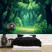 Papier peint forêt verte avec chemin lumineux pour chambre nature et détente