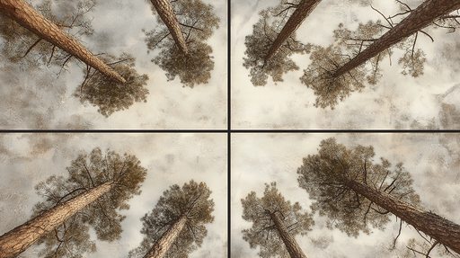 Papier peint forêt vue du sol Un panorama captivant de conifères sous un ciel nuageux