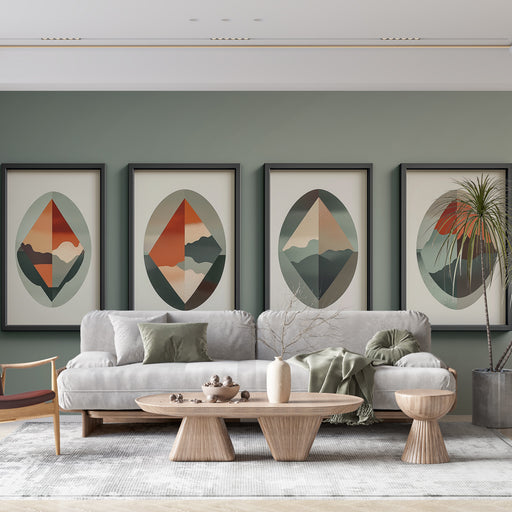 Un salon moderne avec un papier peint vert doux, agrémenté de tableaux géométriques aux teintes terreuses, créant une atmosphère chaleureuse et apaisante.