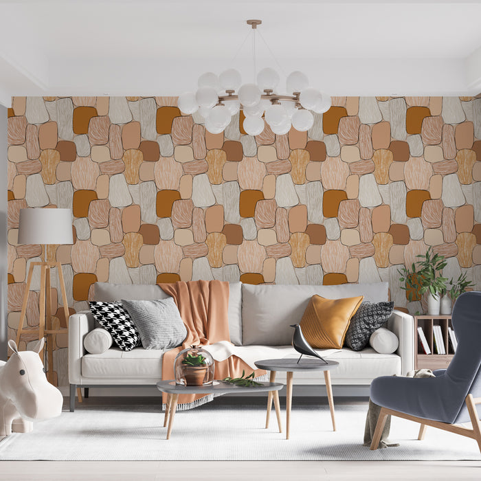 Un salon moderne avec un papier peint aux motifs abstraits dans des teintes de beige, terracotta et blanc, créant une ambiance chaleureuse et accueillante.