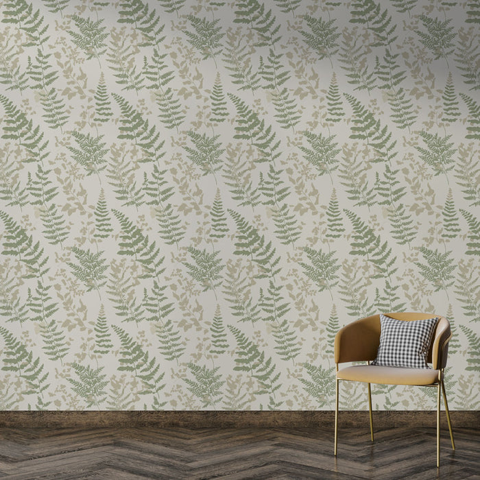 Une pièce moderne avec un papier peint aux motifs de fougères vertes et beiges sur fond clair, créant une ambiance naturelle et apaisante.