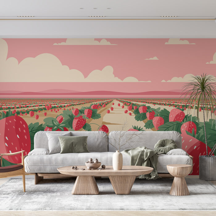 Un salon moderne avec un papier peint illustrant un champ de fraises sur fond rose, créant une ambiance joyeuse et estivale.