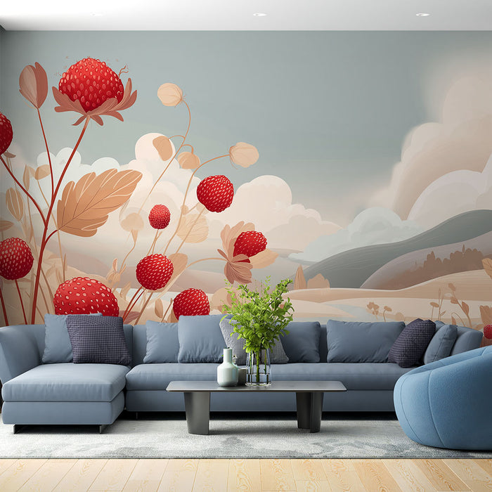 Un salon moderne avec un papier peint illustrant de grandes fraises rouges sur un fond doux et pastel, créant une ambiance chaleureuse et accueillante.