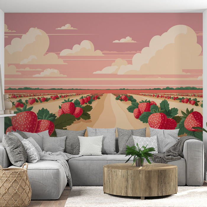 Un salon contemporain avec un papier peint illustrant un champ de fraises sur fond rose, créant une ambiance joyeuse et estivale.