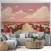 Un salon contemporain avec un papier peint illustrant un champ de fraises sur fond rose, créant une ambiance joyeuse et estivale.
