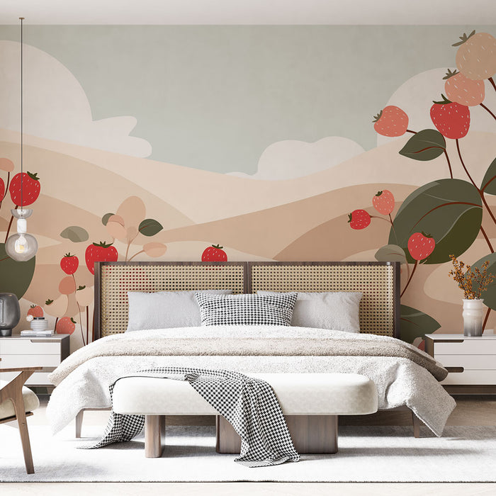 Une chambre lumineuse avec un papier peint illustrant des fraises sur un fond doux et pastel, créant une ambiance chaleureuse et accueillante.