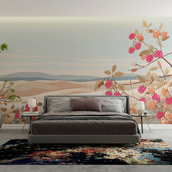 Une chambre moderne avec un papier peint illustrant des baies roses et des paysages doux, créant une ambiance chaleureuse et naturelle.