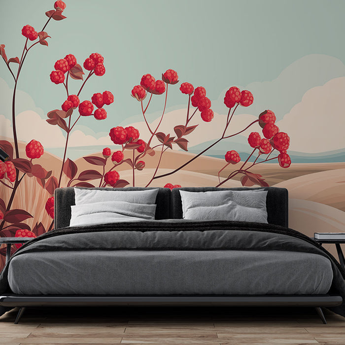 Une chambre moderne avec un papier peint floral aux motifs de framboises rouges sur fond pastel, créant une atmosphère chaleureuse et accueillante.