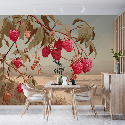 Une salle à manger moderne avec un papier peint illustrant des framboises rouges sur fond doux et naturel, créant une ambiance chaleureuse et accueillante.