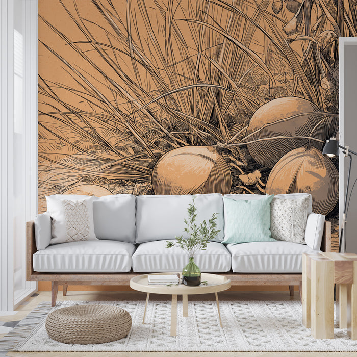 Un salon lumineux avec un papier peint illustrant des formes organiques et des herbes sur fond orangé, créant une ambiance chaleureuse et naturelle.