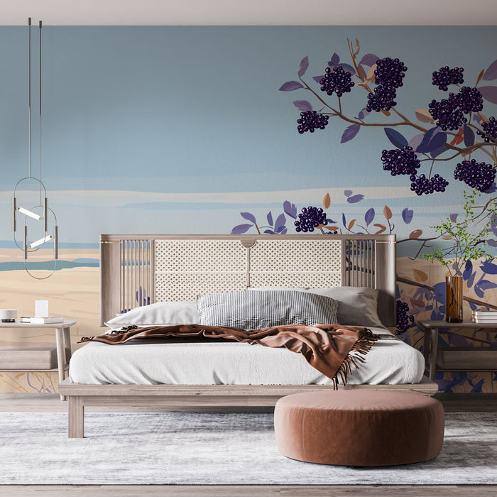 Une chambre moderne avec un papier peint illustrant des branches de baies sur un fond bleu clair, créant une atmosphère apaisante et naturelle.