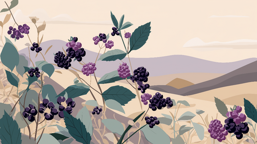 Papier peint fruits sauvages Motif stylisé de baies avec un paysage doux en arrière-plan