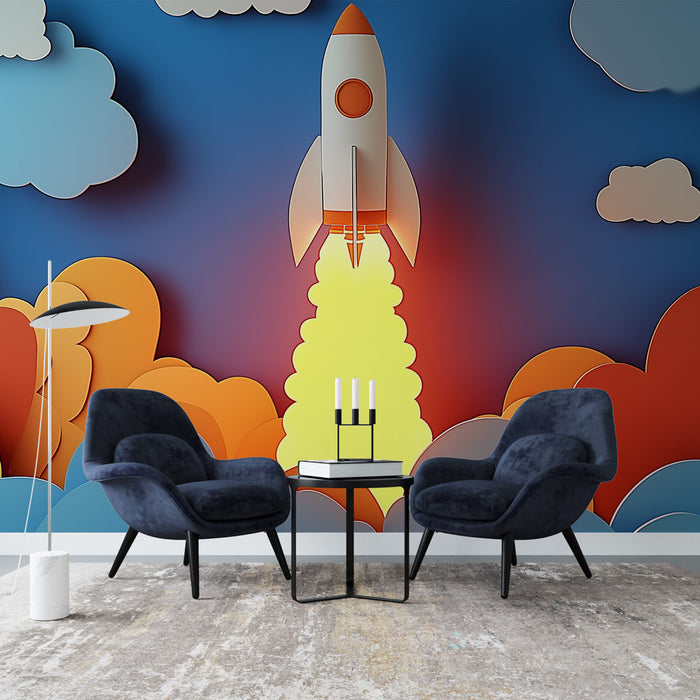 Papier peint fusée ludique avec nuages colorés pour chambre d'enfant.
