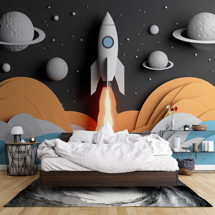 Papier peint fusée décollage vers les étoiles avec un design ludique pour chambre d'enfant.