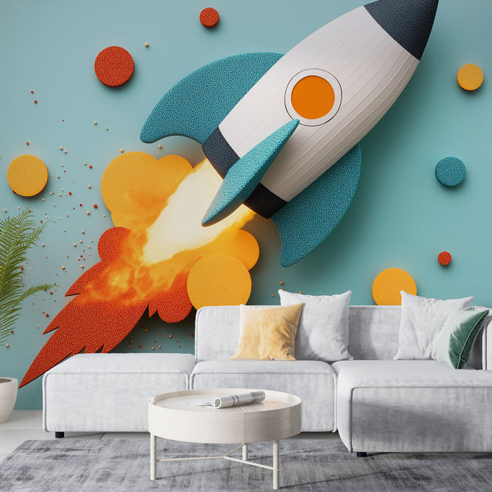 Papier peint design coloré avec fusée et effets spatiaux pour salon moderne