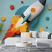 Papier peint design coloré avec fusée et effets spatiaux pour salon moderne