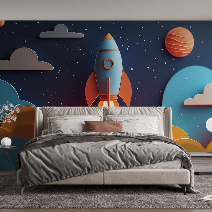 Papier peint fusée élégante avec illustration de fusée sur fond étoilé pour chambre d'enfant moderne.