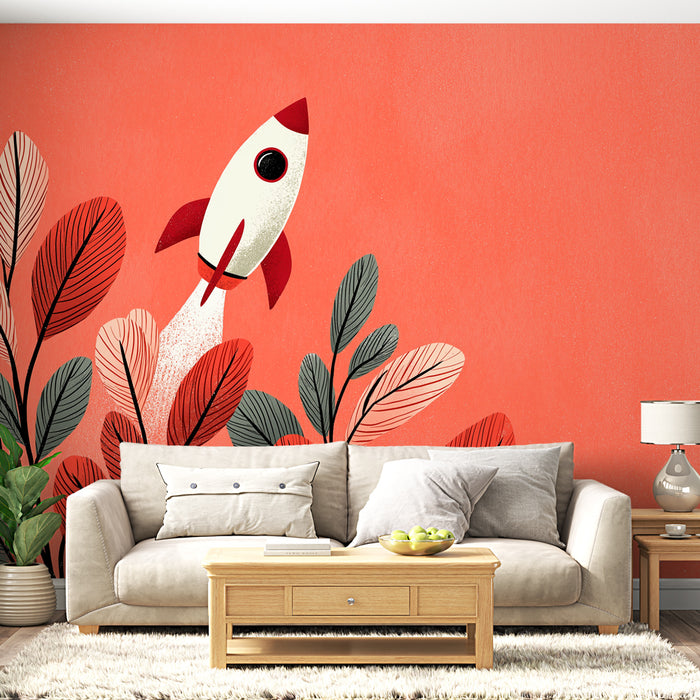 Un salon moderne avec un papier peint ludique représentant une fusée blanche sur un fond corail, entourée de grandes feuilles stylisées, créant une ambiance dynamique et joyeuse.