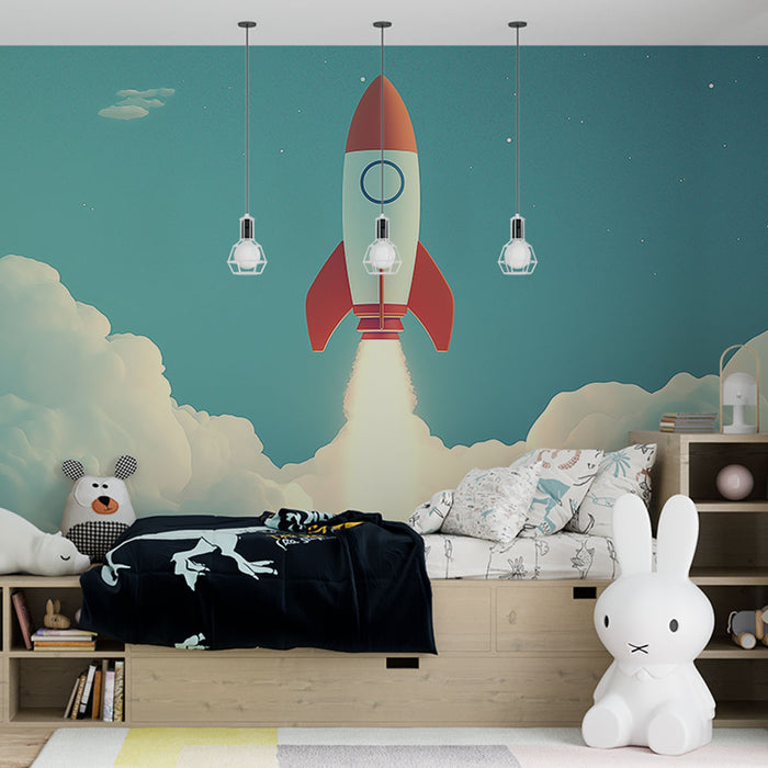 Papier peint fusée rouge et blanche s'élevant parmi les nuages pour chambre d'enfant.