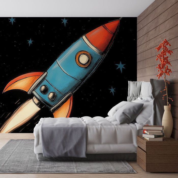 Papier peint fusée stylisée dans l'espace noir avec étoiles pour chambre enfant